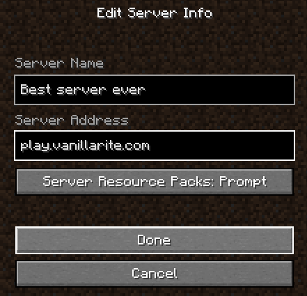 Screenshot of the minecraft launcher with the server IP filled in.